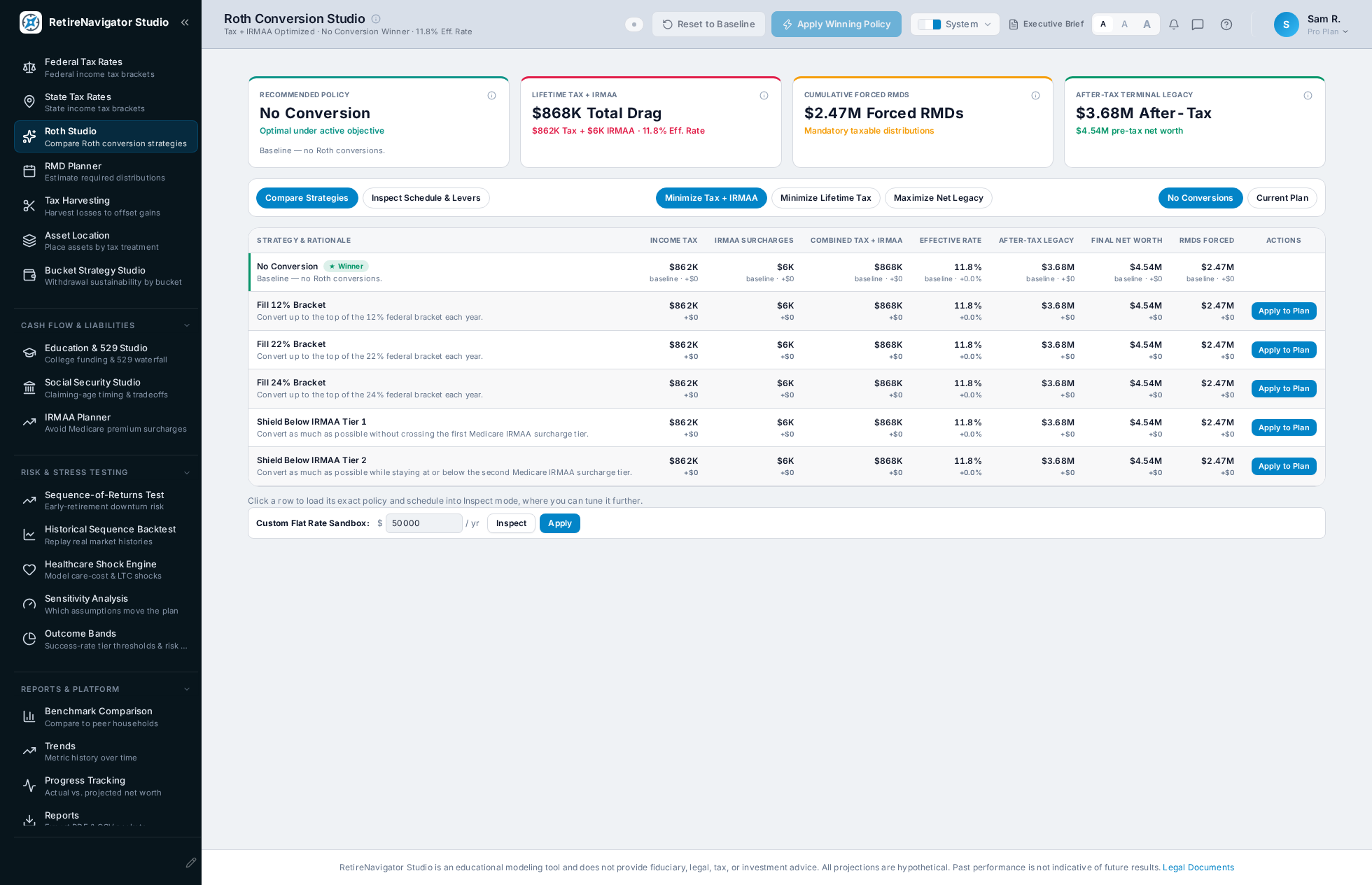Roth Studio: multi-year bracket-filling matrix with IRMAA cliff avoidance