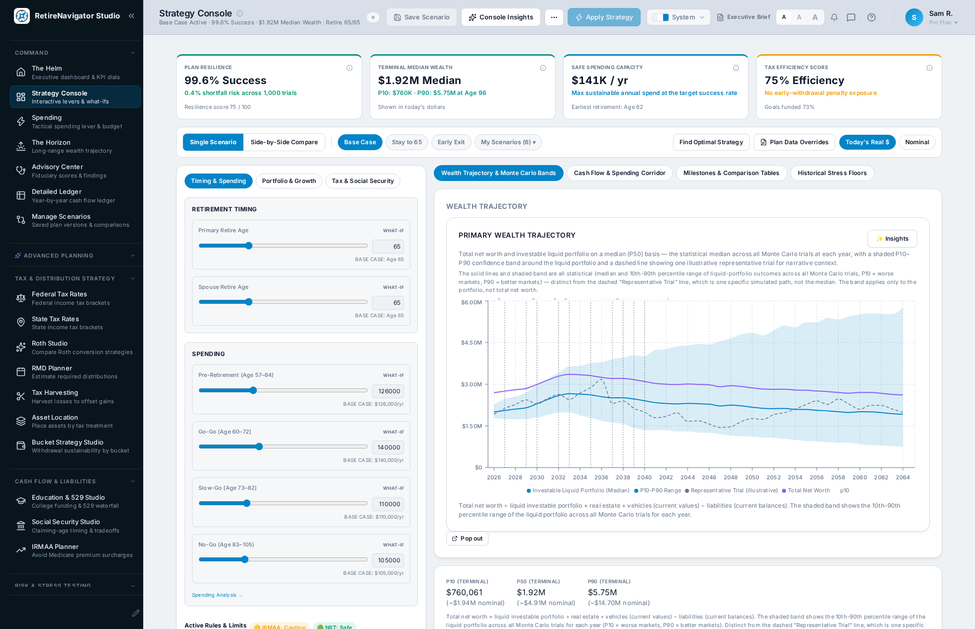 Primary Strategy Console: live Monte Carlo slider rail, KPI strip, and Apply Strategy sandbox workflow